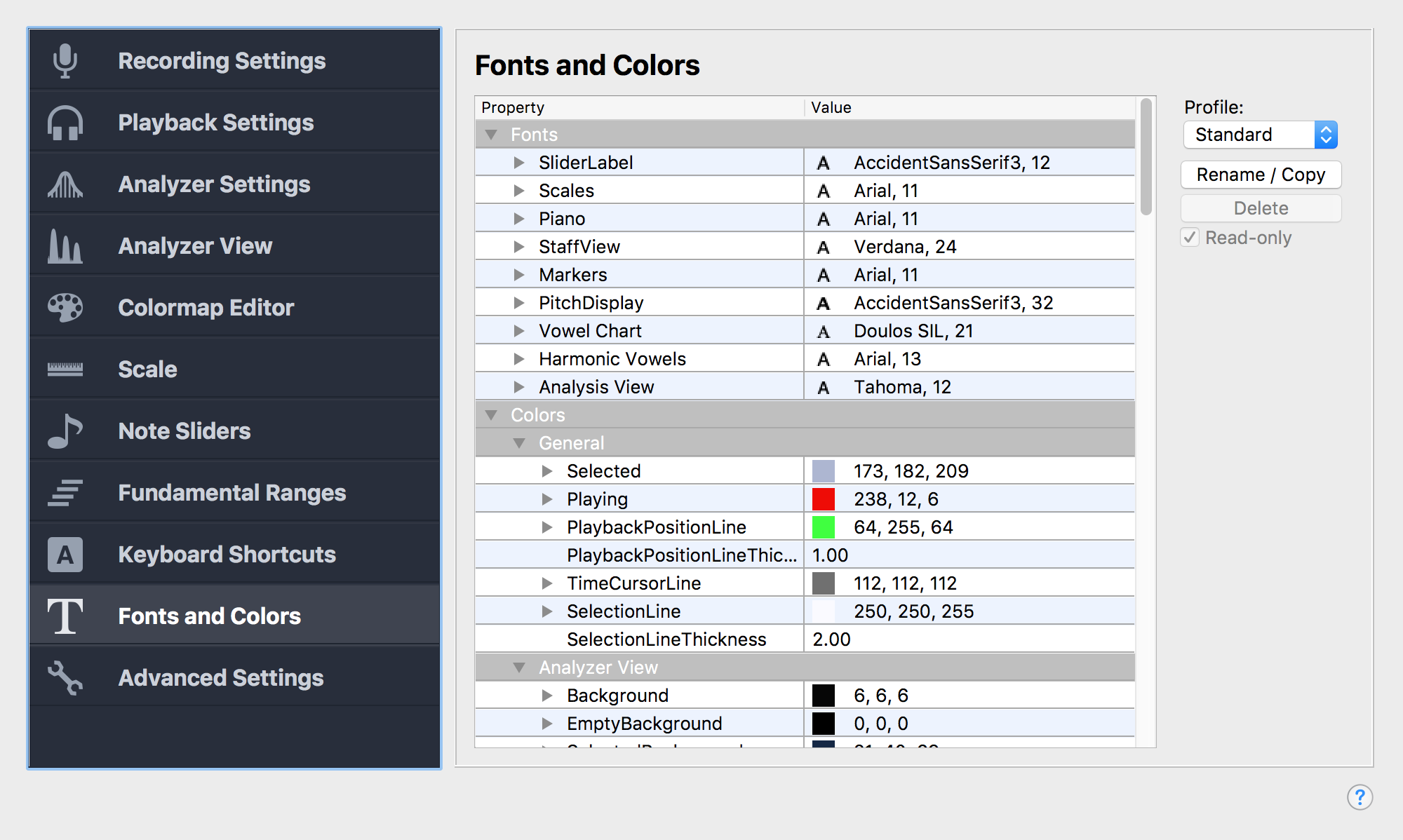 Fonts and Colors settings