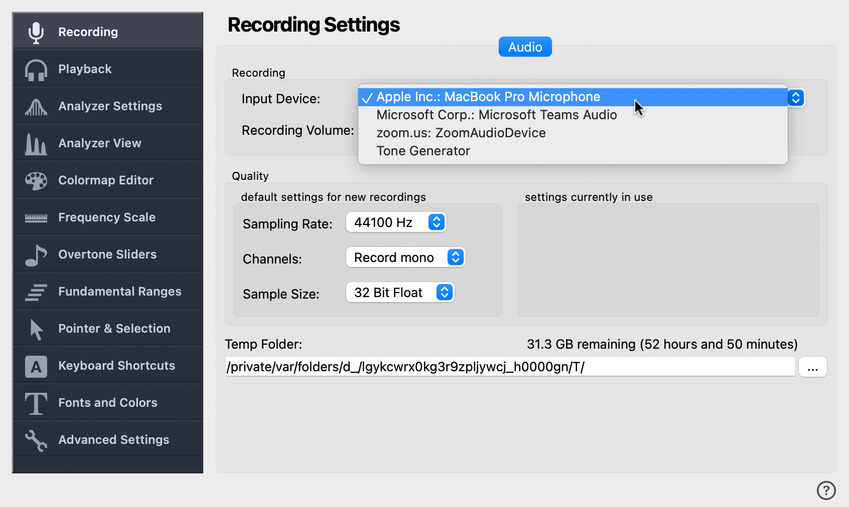 Selecting input device on Recording Settings