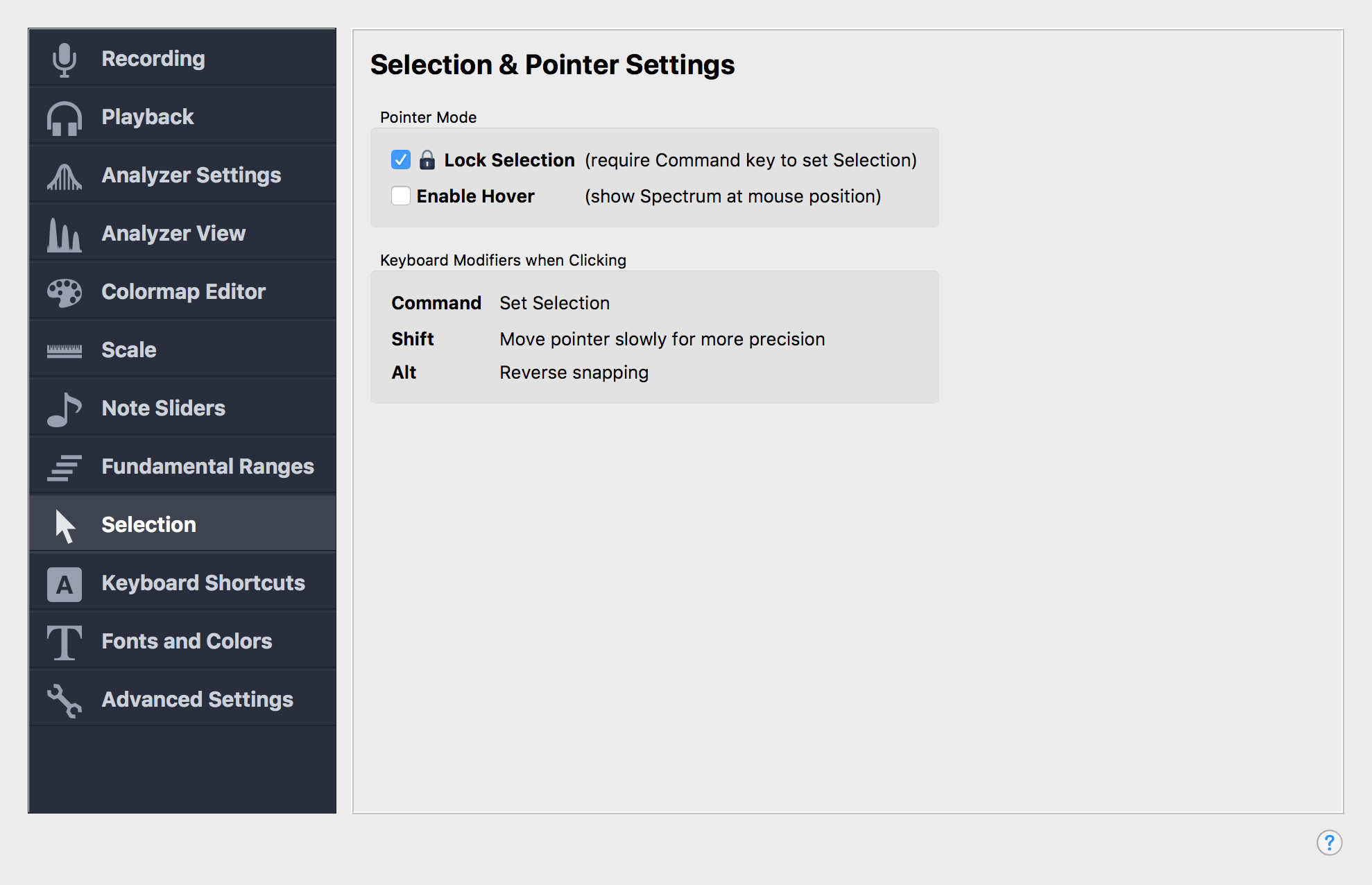 Selection and Pointer Settings